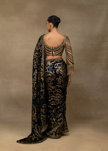 Black Saree with Blue & Gold Embroidery