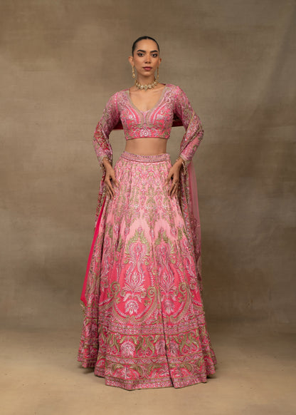 Pink Ombre Embroidered Lehenga with Full-Sleeve Blouse