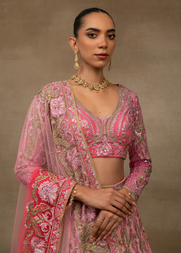 Pink Ombre Embroidered Lehenga with Full-Sleeve Blouse
