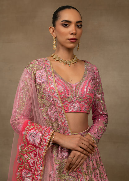 Pink Ombre Embroidered Lehenga with Full-Sleeve Blouse