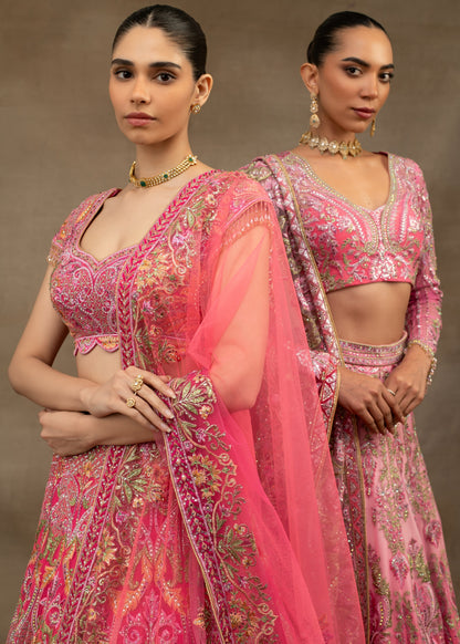 Pink Ombre Embroidered Lehenga with Full-Sleeve Blouse