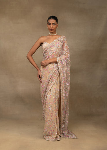 Nude Pink Floral Sequin Embroidered Saree with Embellished Bralette