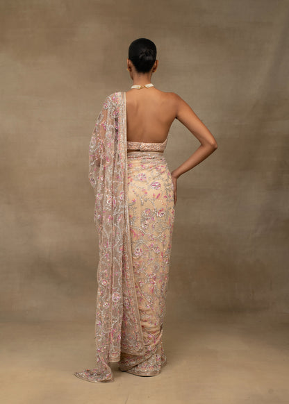 Nude Pink Floral Sequin Embroidered Saree with Embellished Bralette