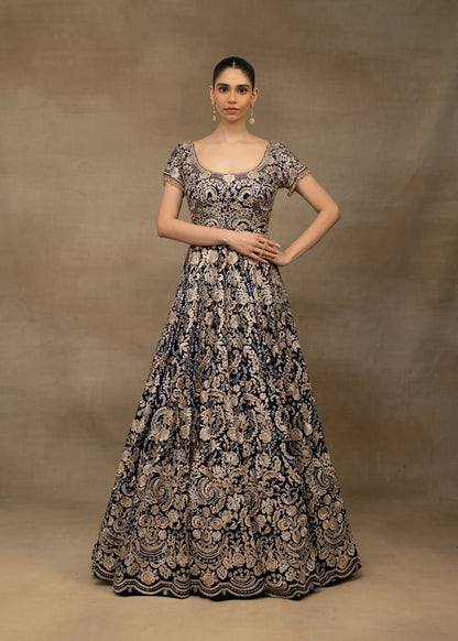 Navy Blue and Gold Embroidered Lehenga with Sweetheart Blouse