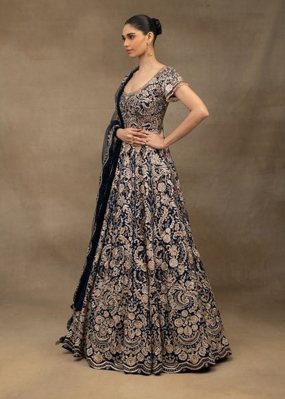 Navy Blue and Gold Embroidered Lehenga with Sweetheart Blouse