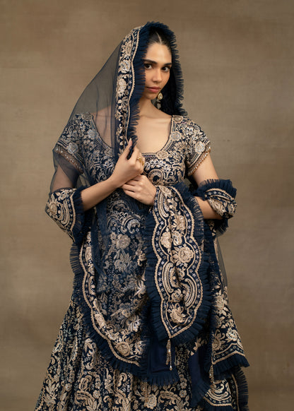 Navy Blue and Gold Embroidered Lehenga with Sweetheart Blouse