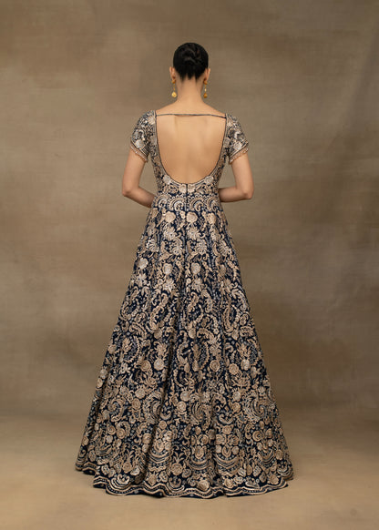 Navy Blue and Gold Embroidered Lehenga with Sweetheart Blouse