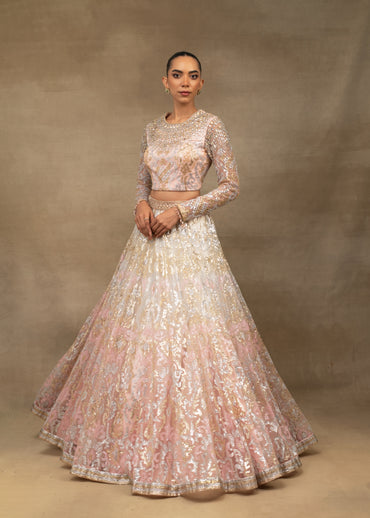 Blush Pink and Ivory Ombre Embroidered Lehenga Set