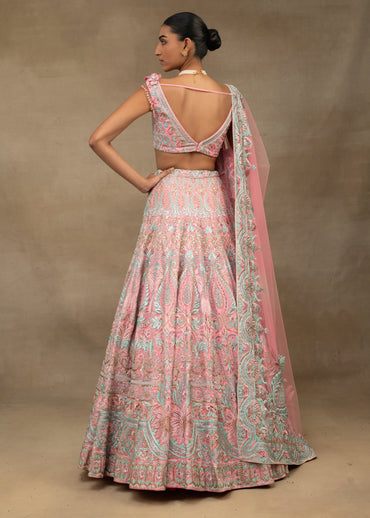 Pink and Teal Embroidered Lehenga with Dupatta