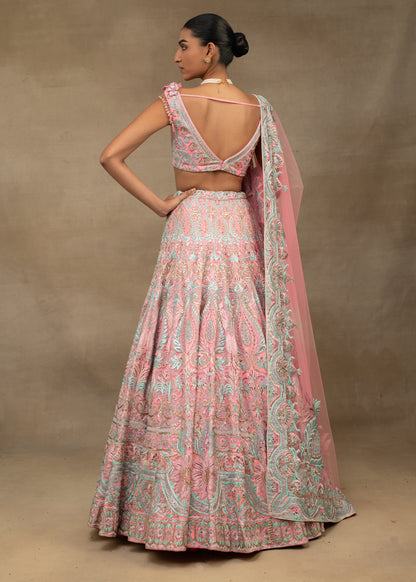 Pink and Teal Embroidered Lehenga with Dupatta
