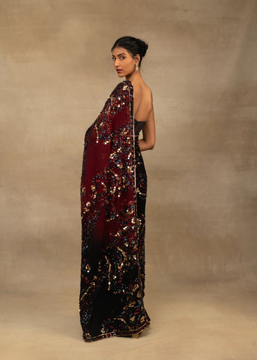 Ombre Black to Cherry Embroidered Saree