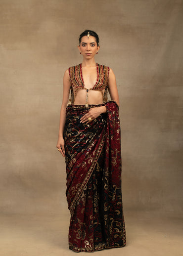 Black and Maroon Embellished Saree with Open-Front Blouse