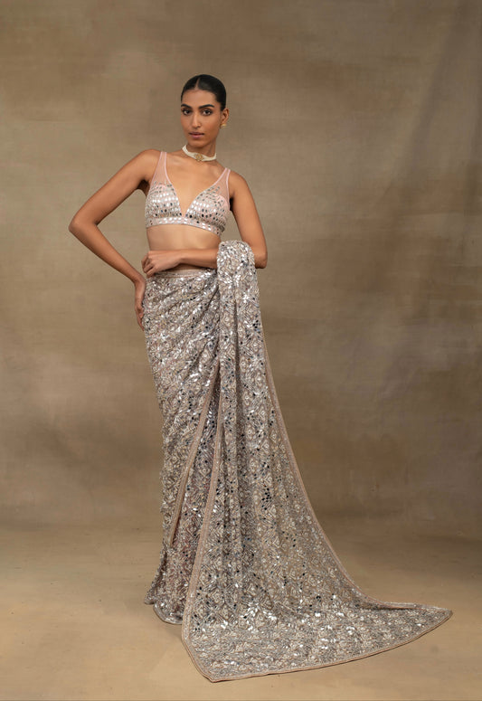 Blush Pink Mirror Work Pre-Draped Saree with Blouse