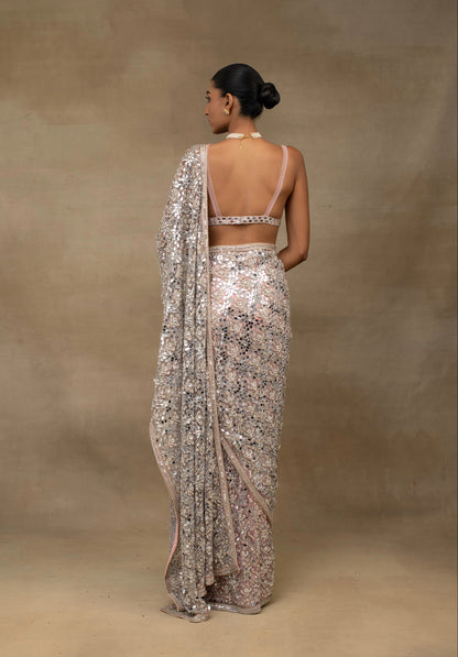 Blush Pink Mirror Work Pre-Draped Saree with Blouse