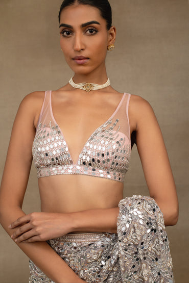 Blush Pink Mirror Work Pre-Draped Saree with Blouse