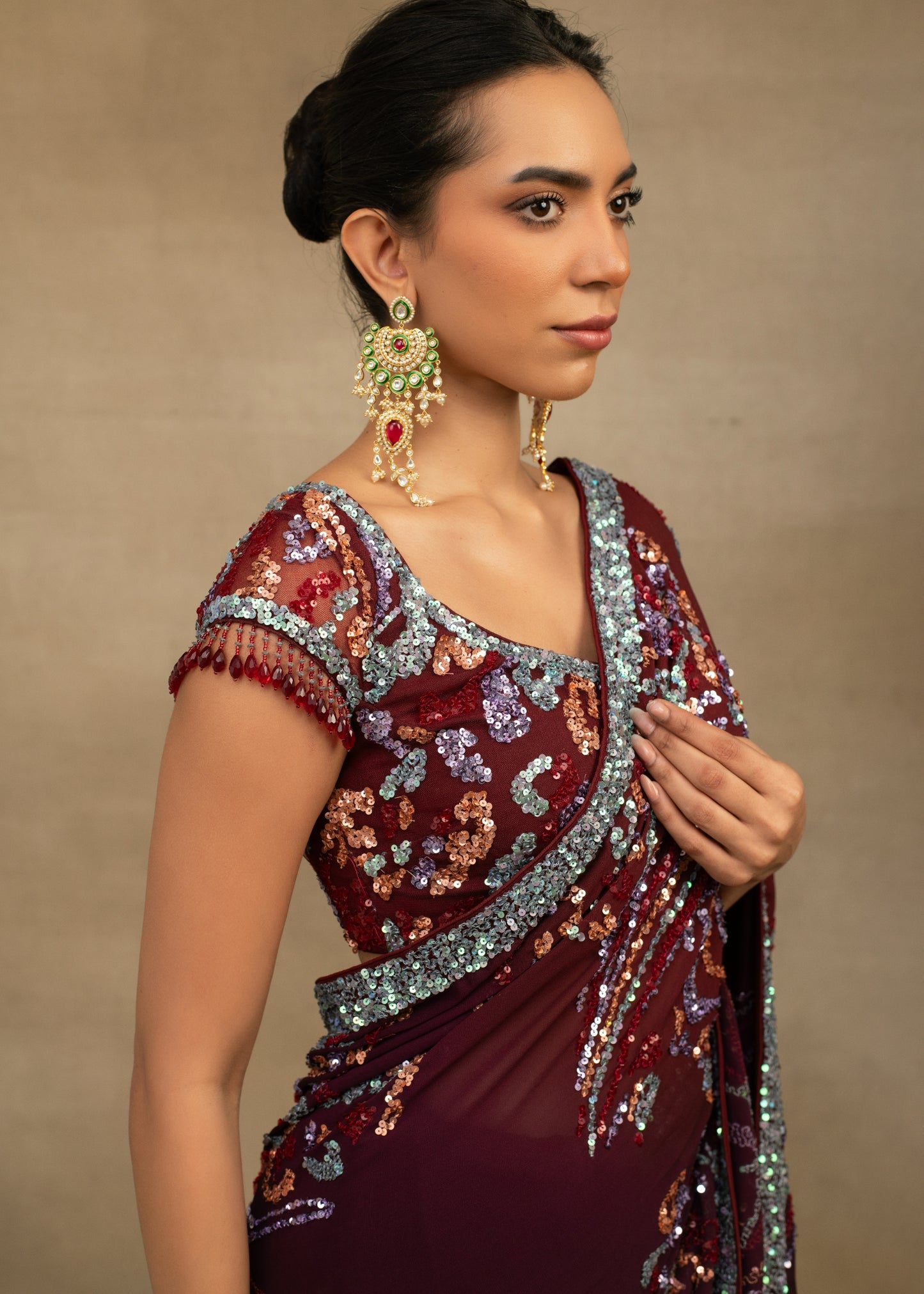 Maroon Abstract Sequin Saree with Embellished Blouse