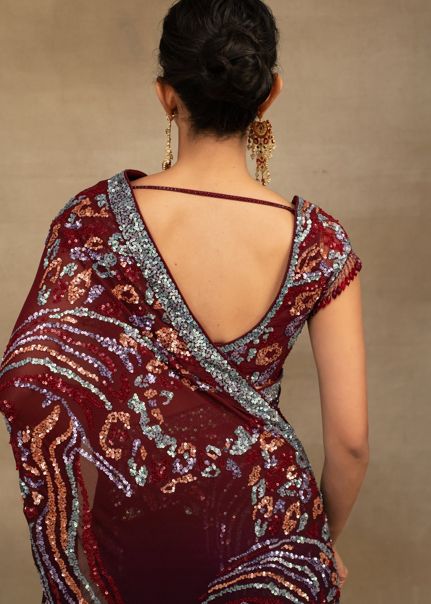 Maroon Abstract Sequin Saree with Embellished Blouse