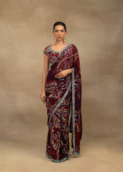 Maroon Abstract Sequin Saree with Embellished Blouse