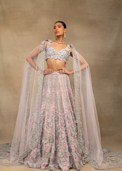 Pink and Silver Floral Embroidered Lehenga with Cape Sleeves