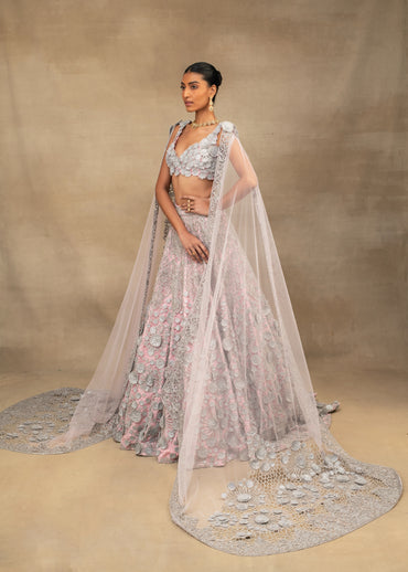 Pink 3D Floral Embroidered Lehenga and Blouse with Cape