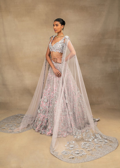 Pink and Silver Floral Embroidered Lehenga with Cape Sleeves