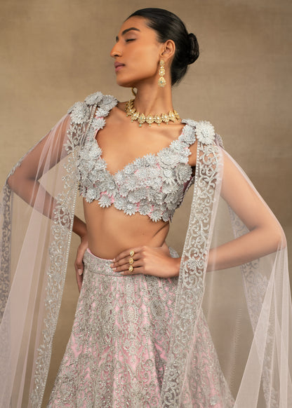 Pink and Silver Floral Embroidered Lehenga with Cape Sleeves
