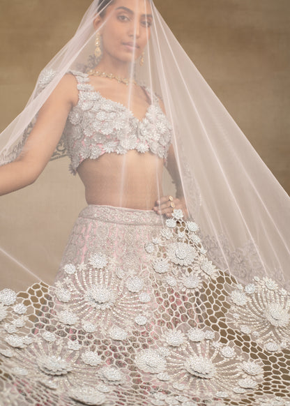 Pink and Silver Floral Embroidered Lehenga with Cape Sleeves