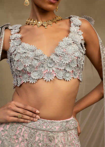 Pink and Silver Floral Embroidered Lehenga with Cape Sleeves
