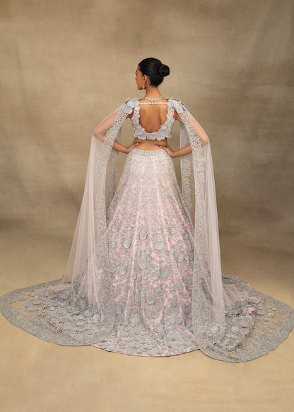 Pink and Silver Floral Embroidered Lehenga with Cape Sleeves