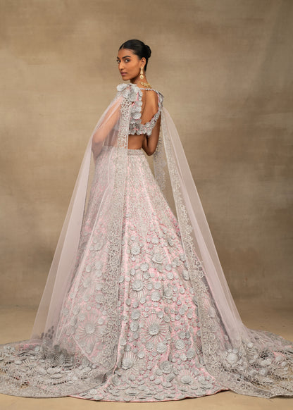 Pink and Silver Floral Embroidered Lehenga with Cape Sleeves