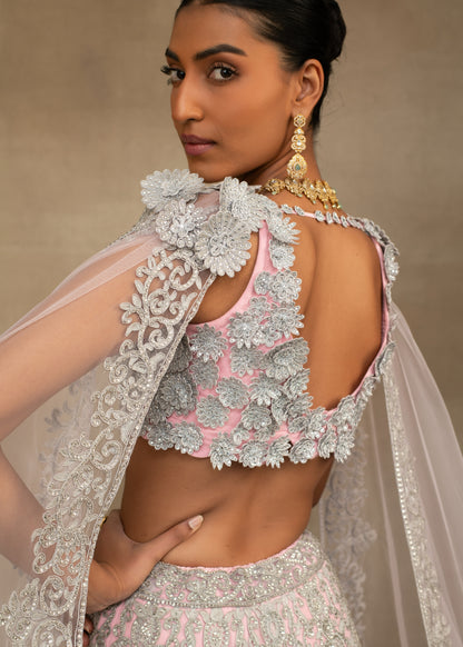 Pink and Silver Floral Embroidered Lehenga with Cape Sleeves